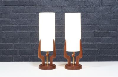 David Shreve Walnut Sculpted Table Lamps for V H Woolums