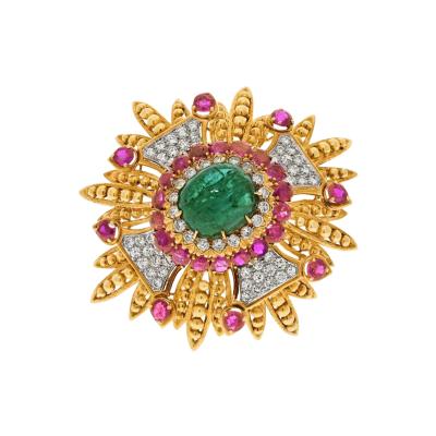 David Webb 18K YELLOW GOLD 1960S GREEN EMERALD RUBIES AND DIAMONDS PENDANT BROOCH