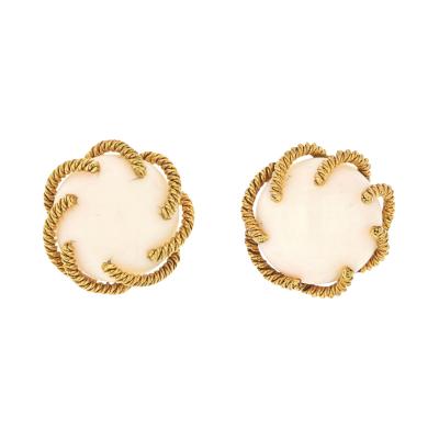 David Webb 18K YELLOW GOLD 1970S ANGEL SKIN CORAL TWISTED ROPE ROUND BUTTON EARRINGS