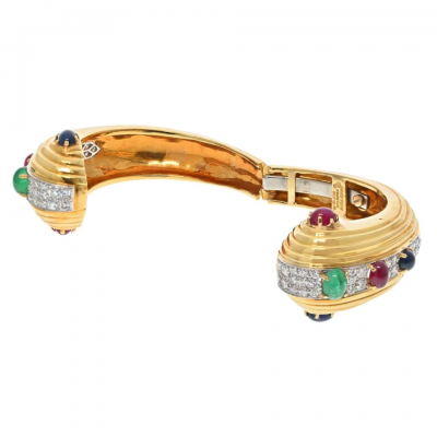 David Webb 18K YELLOW GOLD DIAMOND CABOCHON OVAL CUT EMERALD RUBY SAPPHIRE HINGED