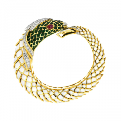 David Webb 18K YELLOW GOLD KOI FISH WHITE ENAMEL GREEN ENAMEL AND DIAMOND BRACELET