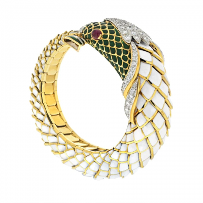 David Webb 18K YELLOW GOLD KOI FISH WHITE ENAMEL GREEN ENAMEL AND DIAMOND BRACELET