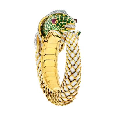 David Webb 18K YELLOW GOLD KOI FISH WHITE ENAMEL GREEN ENAMEL AND DIAMOND BRACELET