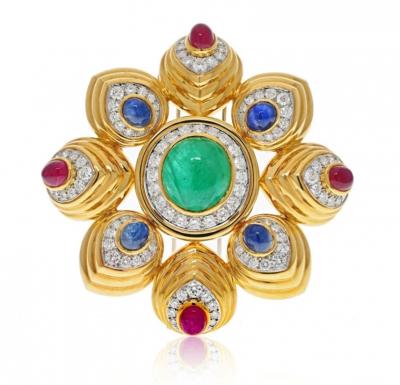 David Webb 18K YELLOW GOLD MULTICOLOR CABOCHON GEMSTONE AND DIAMOND MALTESE BROOCH