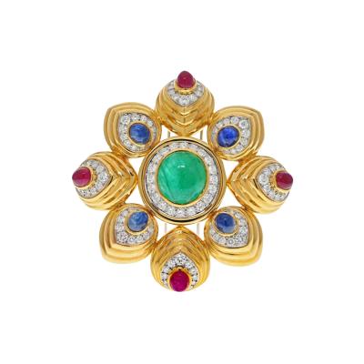 David Webb 18K YELLOW GOLD MULTICOLOR CABOCHON GEMSTONE AND DIAMOND MALTESE BROOCH