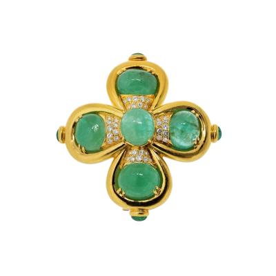 David Webb 18K Yellow Gold Cabochon Cut Green Emerald And Diamond Heraldic Brooch