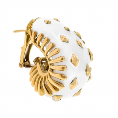 David Webb BOMBE PLATINUM 18K YELLOW GOLD LOZENGE DETAIL WHITE ENAMEL CLIP ON EARRINGS