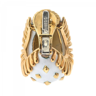 David Webb BOMBE PLATINUM 18K YELLOW GOLD LOZENGE DETAIL WHITE ENAMEL CLIP ON EARRINGS