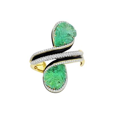 David Webb CROSSOVER PLATINUM 18K YELLOW GOLD CARVED EMERALD AND DIAMOND BRACELET