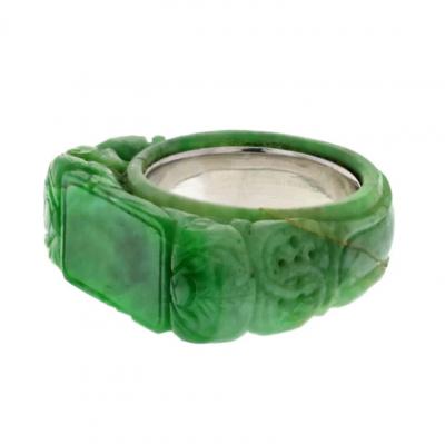 David Webb DAVID WEBB 14K WHITE GOLD CARVED JADE RING
