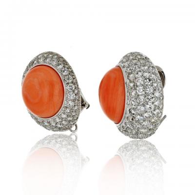 David Webb DAVID WEBB 18K WHITE GOLD 12 50CTTW ROUND BUTTON CORAL AND DAIMOND CLIP EARRINGS