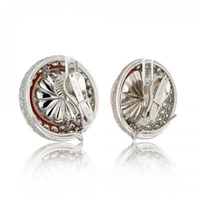 David Webb DAVID WEBB 18K WHITE GOLD 12 50CTTW ROUND BUTTON CORAL AND DAIMOND CLIP EARRINGS