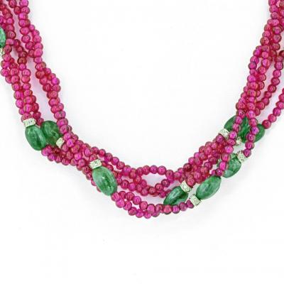 David Webb DAVID WEBB 18K WHITE GOLD 5 STRAND OF RUBY AND SAPPHIRES NECKLACE