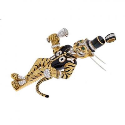 David Webb DAVID WEBB 18K WHITE GOLD BLACK ENAMEL TIGER BROOCH