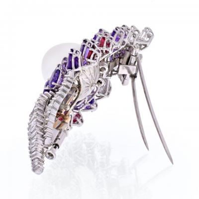 David Webb DAVID WEBB 18K WHITE GOLD DIAMOND AMETHYSTS RUBY AND PEARL BROOCH