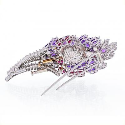 David Webb DAVID WEBB 18K WHITE GOLD DIAMOND AMETHYSTS RUBY AND PEARL BROOCH