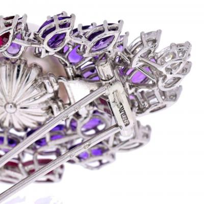 David Webb DAVID WEBB 18K WHITE GOLD DIAMOND AMETHYSTS RUBY AND PEARL BROOCH