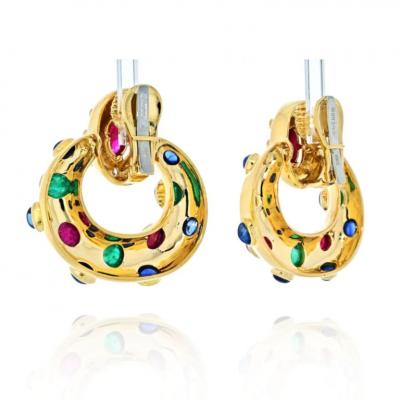 David Webb DAVID WEBB 18K WHITE GOLD RUBY EMERALD AND SAPPHIRE DOOR KNOCKERS EARRINGS