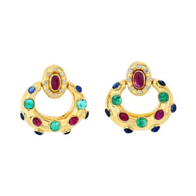 David Webb DAVID WEBB 18K WHITE GOLD RUBY EMERALD AND SAPPHIRE DOOR KNOCKERS EARRINGS