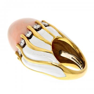 David Webb DAVID WEBB 18K YELLOW GOLD 1970S CORAL DOME WHITE ENAMEL DIAMOND RING