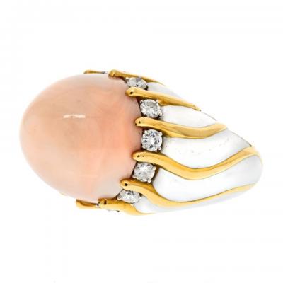 David Webb DAVID WEBB 18K YELLOW GOLD 1970S CORAL DOME WHITE ENAMEL DIAMOND RING
