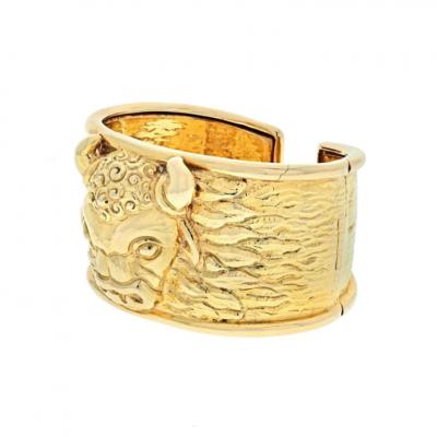 David Webb DAVID WEBB 18K YELLOW GOLD 1979 TAURUS BULL HINGED WIDE CUFF BRACELET
