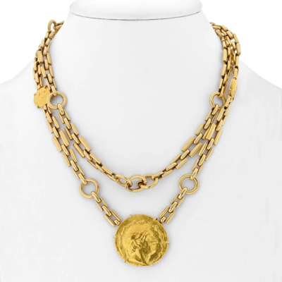 David Webb DAVID WEBB 18K YELLOW GOLD ANCIENT GREEK COIN LONG CHAIN NECKLACE