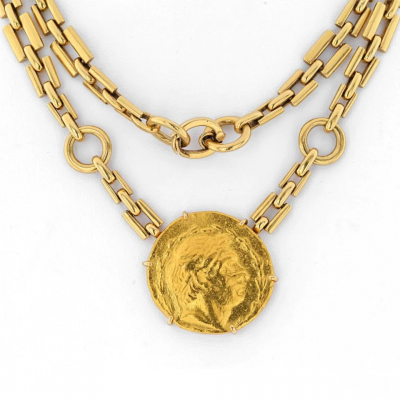 David Webb DAVID WEBB 18K YELLOW GOLD ANCIENT GREEK COIN LONG CHAIN NECKLACE