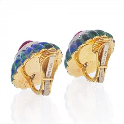 David Webb DAVID WEBB 18K YELLOW GOLD AZURITE MALACHITE RUBY DIAMOND EARRINGS