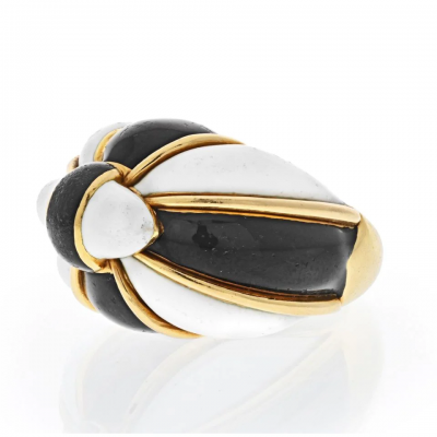 David Webb DAVID WEBB 18K YELLOW GOLD BLACK AND WHITE ENAMEL BOMBE RING