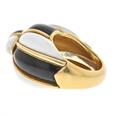 David Webb DAVID WEBB 18K YELLOW GOLD BLACK AND WHITE ENAMEL BOMBE RING