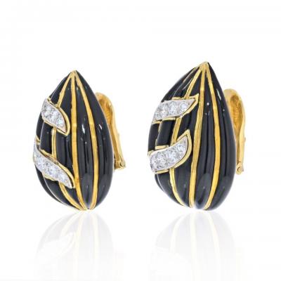 David Webb DAVID WEBB 18K YELLOW GOLD BLACK ENAMEL AND DIAMOND TEAR DROP EARRINGS