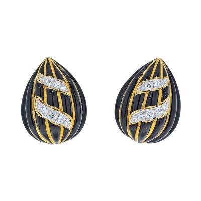 David Webb DAVID WEBB 18K YELLOW GOLD BLACK ENAMEL AND DIAMOND TEAR DROP EARRINGS
