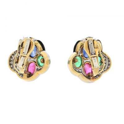 David Webb DAVID WEBB 18K YELLOW GOLD BLACK ENAMEL DIAMOND SAPPHIRE EMERALD RUBY EARRINGS