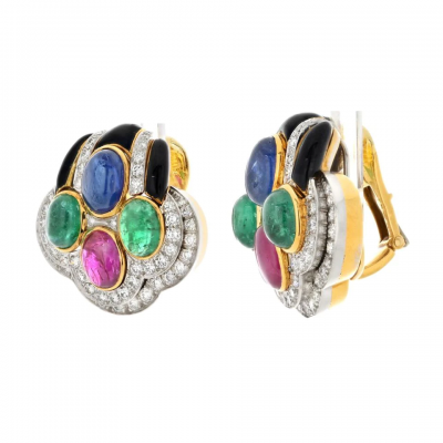David Webb DAVID WEBB 18K YELLOW GOLD BLACK ENAMEL DIAMOND SAPPHIRE EMERALD RUBY EARRINGS