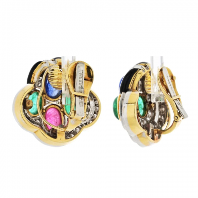 David Webb DAVID WEBB 18K YELLOW GOLD BLACK ENAMEL DIAMOND SAPPHIRE EMERALD RUBY EARRINGS