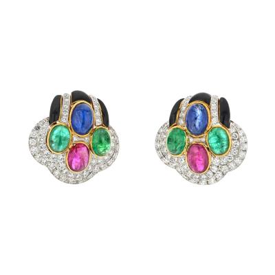 David Webb DAVID WEBB 18K YELLOW GOLD BLACK ENAMEL DIAMOND SAPPHIRE EMERALD RUBY EARRINGS