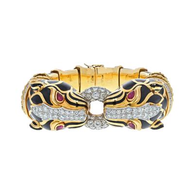 David Webb DAVID WEBB 18K YELLOW GOLD BLACK ENAMEL DOUBLE HEAD LION BRACELET