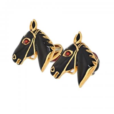 David Webb DAVID WEBB 18K YELLOW GOLD BLACK ENAMEL JOCKEY HORSE CUFF LINKS