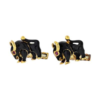 David Webb DAVID WEBB 18K YELLOW GOLD BULLS BLACK ENAMEL VINTAGE CUFF LINKS