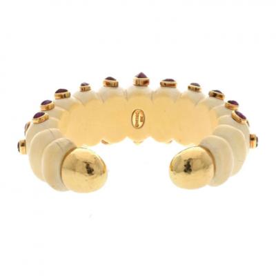 David Webb DAVID WEBB 18K YELLOW GOLD CABOCHON CUT RUBY AND FLUTED BONE CUFF BRACELET