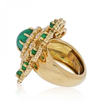 David Webb DAVID WEBB 18K YELLOW GOLD CABOCHON EMERALD DIAMOND FLOWER RING