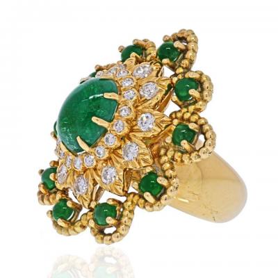 David Webb DAVID WEBB 18K YELLOW GOLD CABOCHON EMERALD DIAMOND FLOWER RING