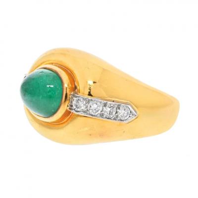 David Webb DAVID WEBB 18K YELLOW GOLD CABOCHON EMERALD DIAMOND RING