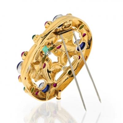 David Webb DAVID WEBB 18K YELLOW GOLD CABOCHON EMERALD SAPPHIRE RUBY AND DIAMOND BROOCH