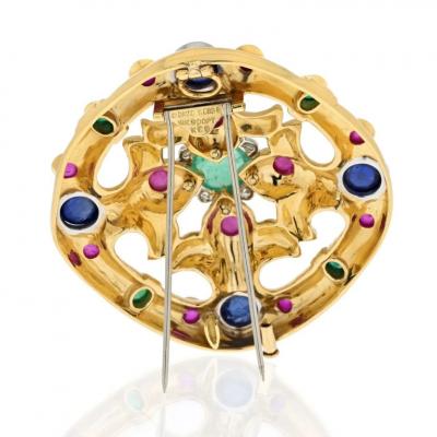 David Webb DAVID WEBB 18K YELLOW GOLD CABOCHON EMERALD SAPPHIRE RUBY AND DIAMOND BROOCH