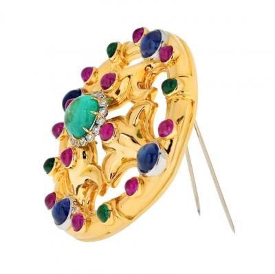 David Webb DAVID WEBB 18K YELLOW GOLD CABOCHON EMERALD SAPPHIRE RUBY AND DIAMOND BROOCH