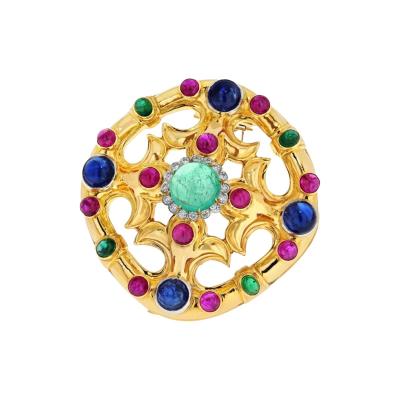 David Webb DAVID WEBB 18K YELLOW GOLD CABOCHON EMERALD SAPPHIRE RUBY AND DIAMOND BROOCH