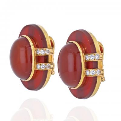 David Webb DAVID WEBB 18K YELLOW GOLD CARNELIAN AND DIAMOND BOMBE EARRINGS
