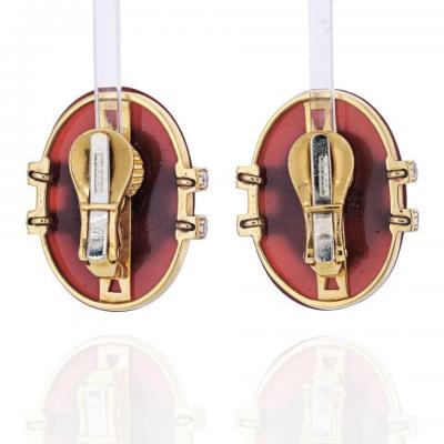 David Webb DAVID WEBB 18K YELLOW GOLD CARNELIAN AND DIAMOND CLIP EARRINGS